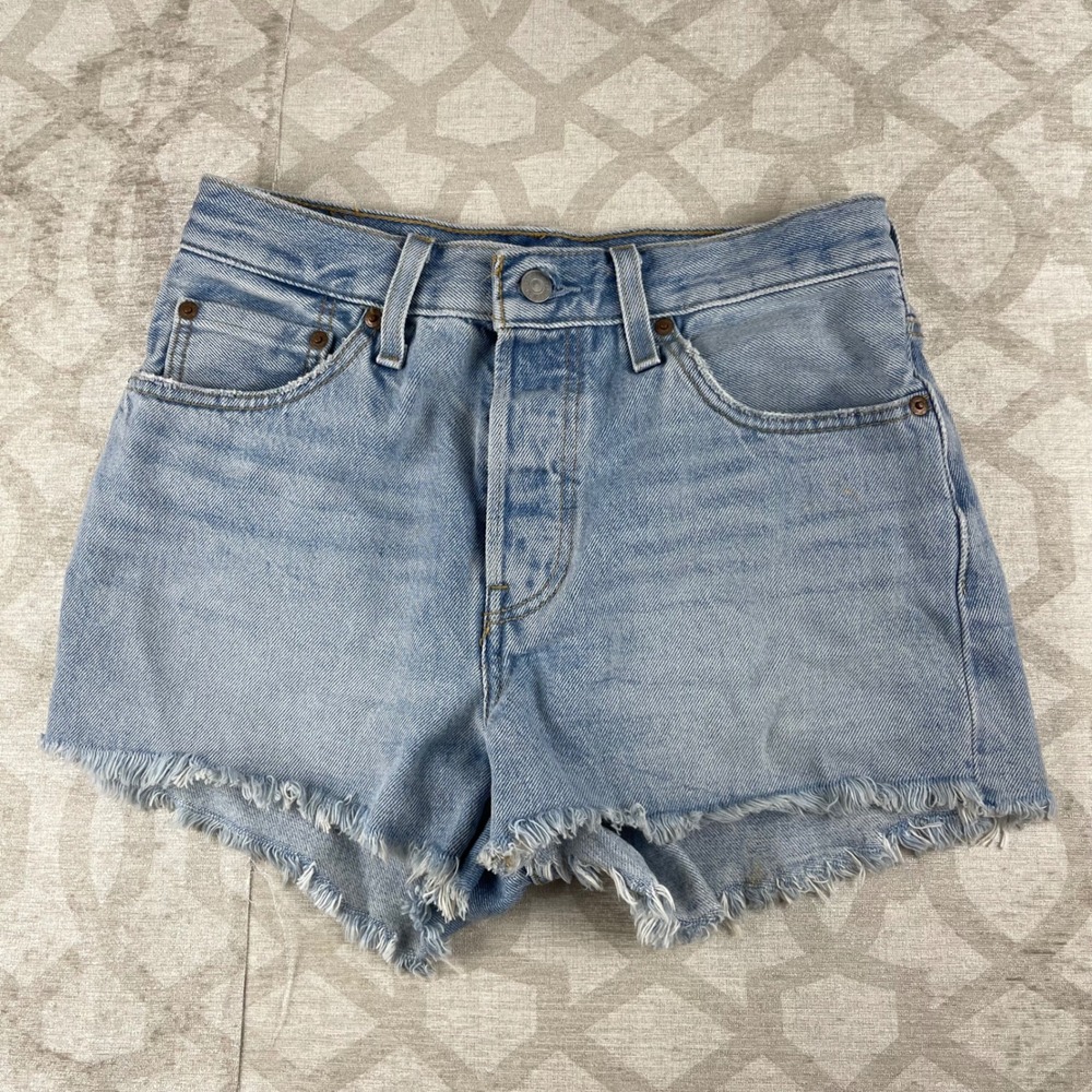 Levi's 501 Shorts Women 28 Blue Button Fly Frayed Hem High Rise Denim Cotton